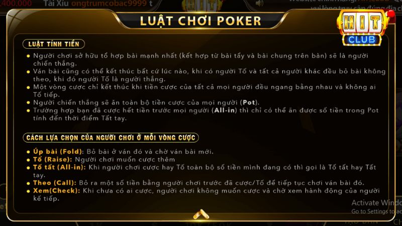 Cách tính tiền trong game Poker online HitClub